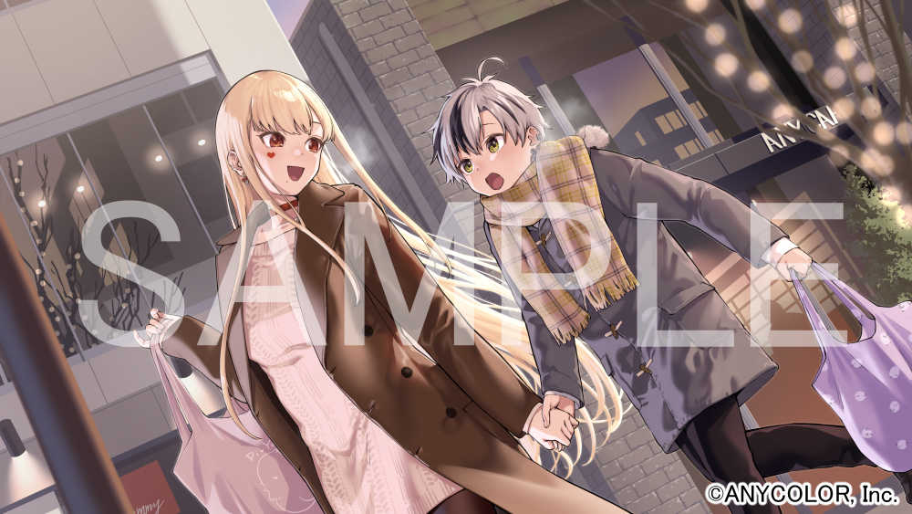 1boy 1girl :d alternate_costume alternate_hairstyle aran_sweater bag bare_tree behind_another black_hair black_pantyhose blonde_hair blurry blurry_foreground breath brown_coat brown_eyes brown_scarf cable_knit choker city coat commentary_request company_name copyright_notice curtained_hair dutch_angle earrings facial_tattoo fang floating_hair fringe_trim grey_coat grey_hair heart heart_tattoo herio holding holding_bag holding_hands jewelry leg_up light_blush long_hair long_sleeves looking_ahead looking_at_another looking_back luis_cammy mole mole_under_mouth multicolored_hair night nijisanji off-shoulder_sweater off_shoulder official_art open_clothes open_coat open_mouth pantyhose pink_bag pink_sweater pinky_out plaid_clothes plaid_scarf plant purple_bag red_choker reflection road sample_watermark scarf shopping_bag short_hair silhouette smile straight_hair streaked_hair street suzuki_masaru sweater swept_bangs tattoo tree trench_coat turning_head two-tone_hair unkempt virtual_youtuber walking wall_lamp watermark winter winter_clothes yellow_eyes