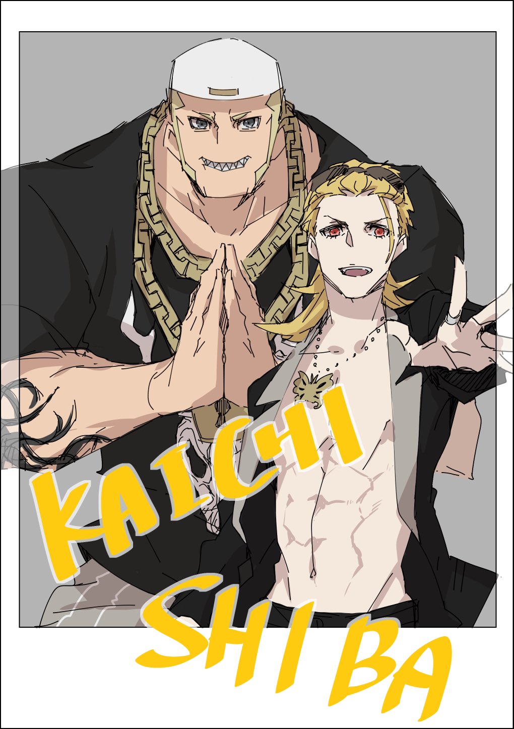 2boys abs black_shirt blonde_hair butterfly_necklace chain chain_necklace character_name eyelashes grey_eyes highres jacket jewelry lock male_focus medium_hair multiple_boys necklace no_shirt open_clothes open_jacket outstretched_arm outstretched_hand own_hands_clasped padlock red_eyes sharp_teeth shiba_(ntwewy) shin_subarashiki_kono_sekai shirt subarashiki_kono_sekai sunglasses_on_head susukichi_(ntwewy) teeth upper_body