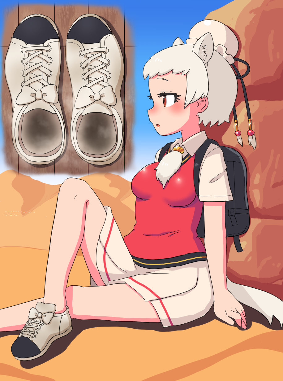 1girl animal_ears bitashinmi dromedary_(kemono_friends) female_focus highres kemono_friends shoes sitting smell soles solo steam unworn_shoes white_hair