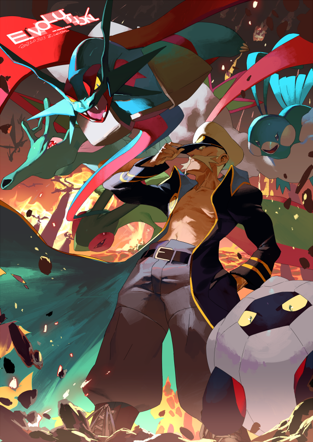 1boy altaria artist_name belt black_belt black_coat black_footwear boots coat drake_(pokemon) e_volution facial_hair fire flygon from_below gen_2_pokemon gen_3_pokemon grey_pants hand_in_pocket hand_on_headwear hat kingdra male_focus mustache navel nintendo old old_man open_clothes open_coat pants pokemon pokemon_(creature) pokemon_rse rock salamence shelgon standing white_hair white_headwear
