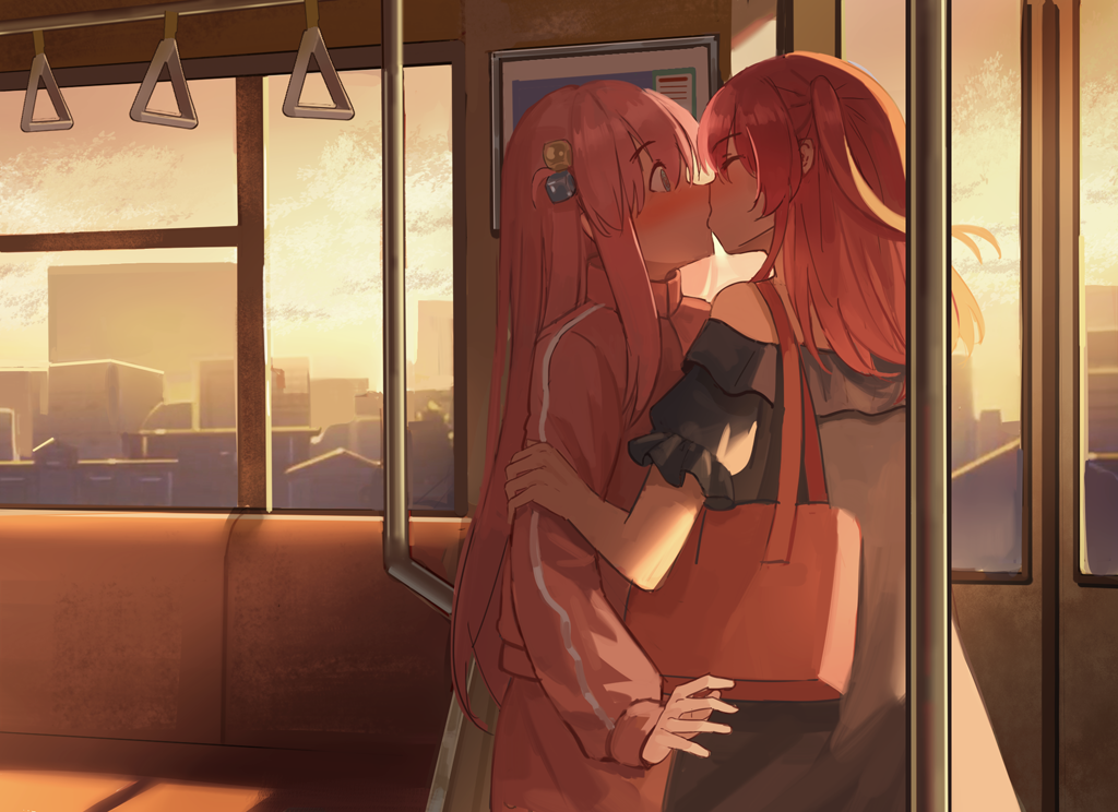 2girls against_railing bag blue_eyes blush bocchi_the_rock! city cityscape closed_eyes cloud cloudy_sky commentary cube_hair_ornament dress frilled_dress frills gotoh_hitori hair_between_eyes hair_ornament handbag holding_another&#039;s_arm jacket kiss kita_ikuyo long_hair long_sleeves looking_at_another medium_hair milktea_(gggrrr2000) multiple_girls pink_hair ponytail railing red_hair side_ponytail sky standing strapless strapless_dress sunset surprise_kiss surprised track_jacket train train_interior urban yuri