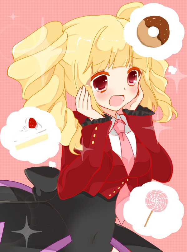 07th_expansion 1girl :d beelzebub_(umineko) blonde_hair cake cake_slice candy donut drill_hair elmab food fruit hakua_(elmab) hands_on_own_cheeks hands_on_own_face lollipop necktie no_naku_koro_ni_(series) open_mouth pink_necktie red_eyes ryukishi07 smile sparkle stakes_of_purgatory strawberry swirl_lollipop twin_drills twintails umineko_no_naku_koro_ni