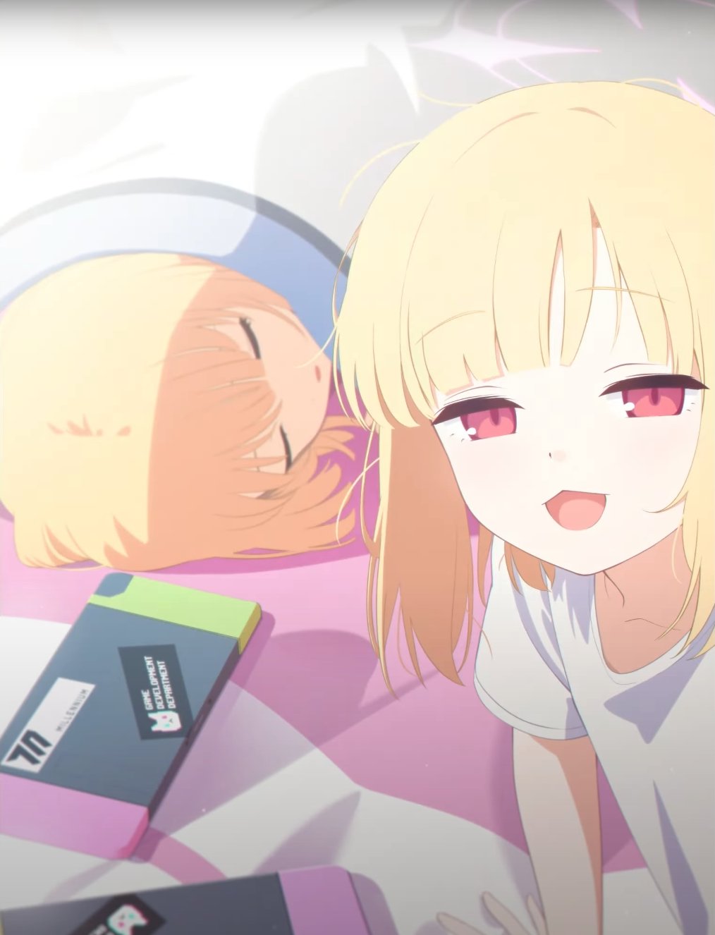 2girls :d anime_screenshot araki495 blonde_hair blue_archive closed_eyes collarbone commentary_request half-closed_eyes halo highres indoors looking_at_viewer midori_(blue_archive) momoi_(blue_archive) multiple_girls nintendo_switch open_mouth parted_lips red_eyes shirt short_sleeves siblings sisters sleeping smile twins under_covers white_shirt