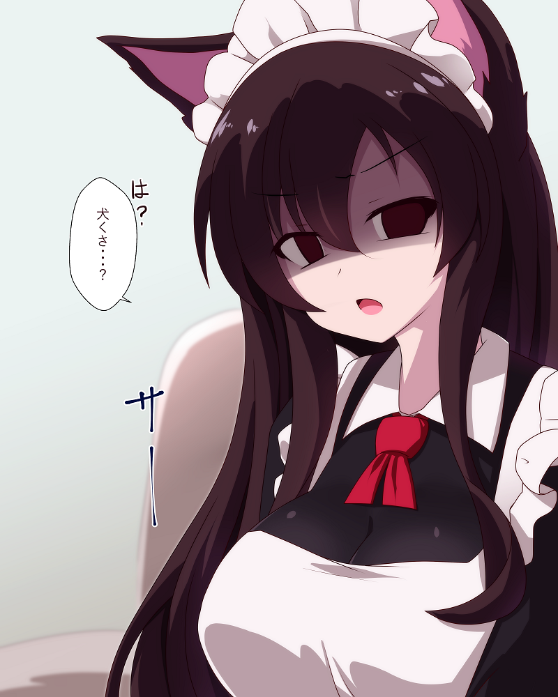1girl alternate_costume animal_ears apron ascot black_shirt blush breasts brown_eyes brown_hair cleavage commentary_request empty_eyes enmaided grey_background imaizumi_kagerou large_breasts long_hair looking_at_viewer maid maid_headdress open_mouth red_ascot see-through_cleavage see-through_clothes shirt sivamaron solo touhou translation_request upper_body v-shaped_eyebrows white_apron wolf_ears wolf_girl