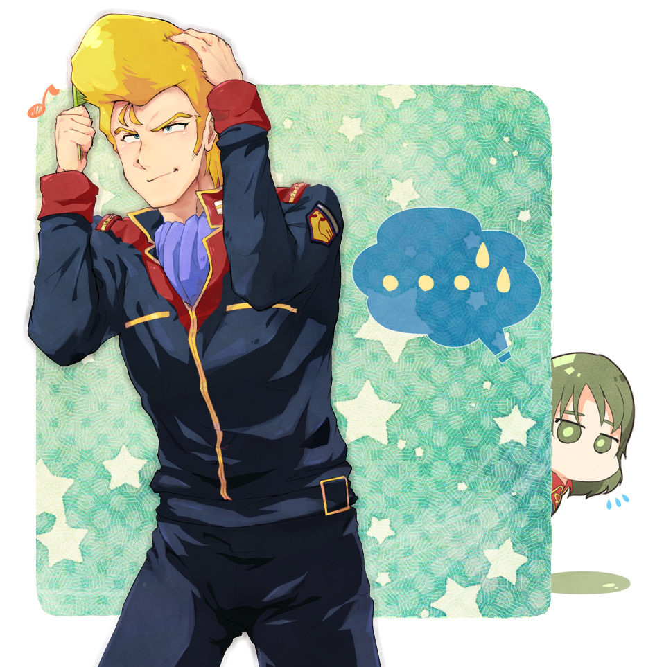 ... 1boy 1girl blonde_hair comb green_eyes green_hair gundam jerid_messa military military_uniform mouar_pharaoh musical_note peeking roneo sweatdrop zeta_gundam