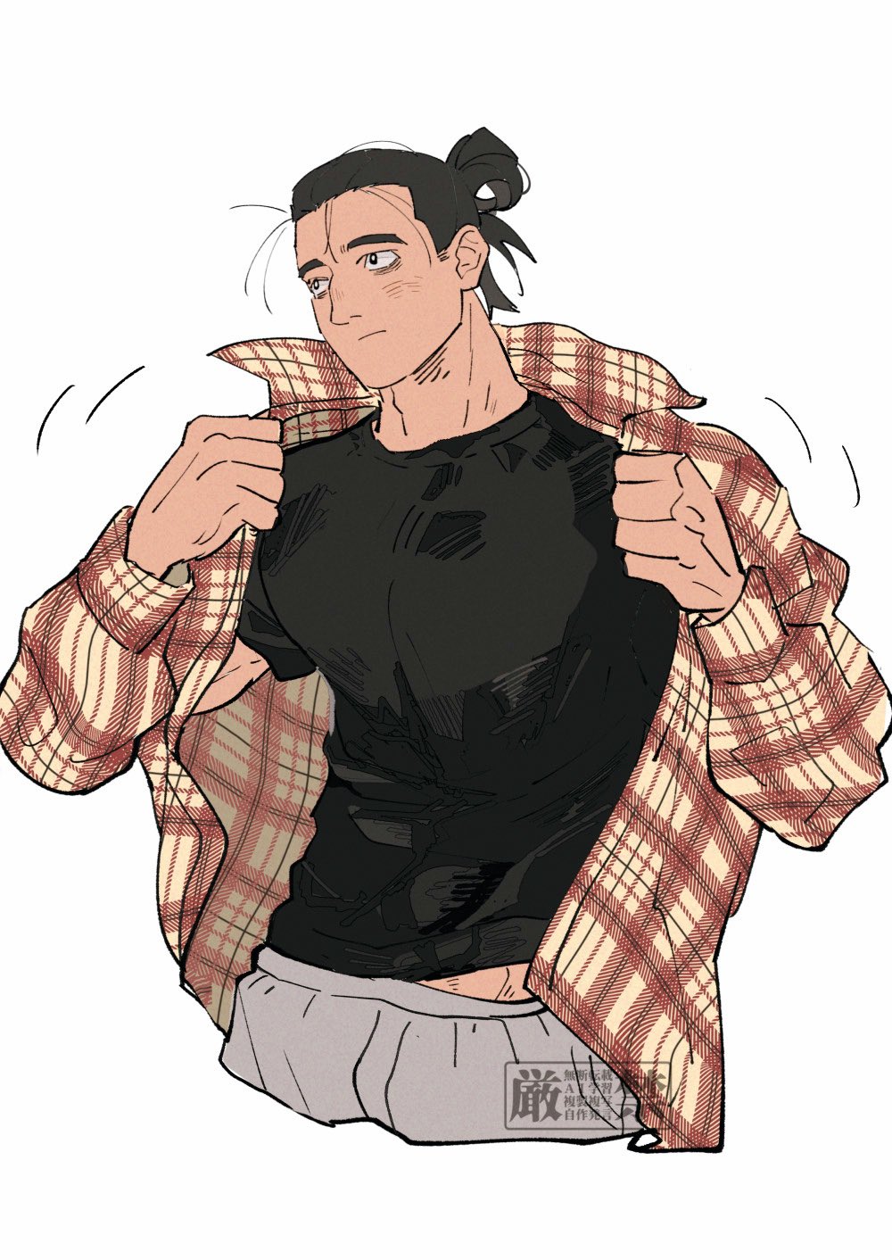 1boy adjusting_clothes black_hair black_shirt chi.:_chikyuu_no_undou_ni_tsuite closed_mouth contemporary cropped_legs grey_pants hair_bun highres light_blush light_frown male_focus medium_hair midriff_peek oczy pants plaid_clothes plaid_shirt qpsk_6 shirt shirt_under_shirt solo white_background
