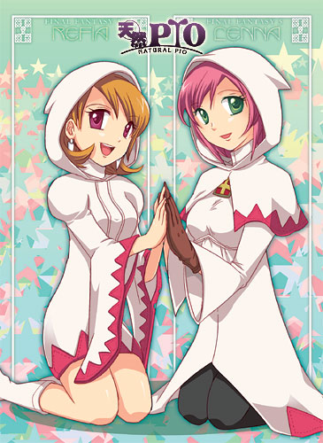 2girls black_legwear brown_hair cosplay costume_switch final_fantasy final_fantasy_iii final_fantasy_v gloves green_eyes hood lenna_charlotte_tycoon lowres multiple_girls pantyhose pink_hair purple_eyes refia short_hair souchi white_mage_(final_fantasy)