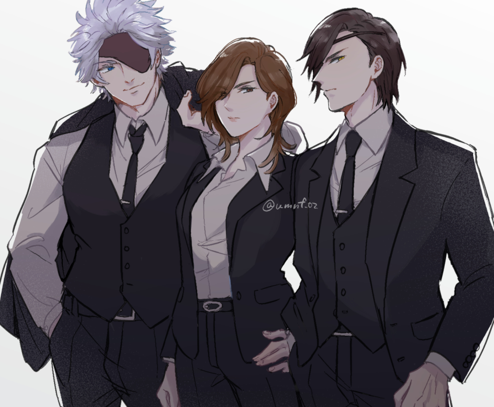 1girl 2boys black_jacket black_necktie black_pants black_suit brown_eyes brown_hair chousokabe_motochika_(sengoku_basara) collared_shirt contemporary cowboy_shot date_masamune_(sengoku_basara) expressionless eyepatch eyes_visible_through_hair formal_clothes hair_over_one_eye hand_on_own_hip holding holding_unworn_clothes jacket multiple_boys necktie pants saika_magoichi_(sengoku_basara) sengoku_basara shirt simple_background smile suit twitter_username umi_no_fuji unworn_jacket vest waistcoat white_background white_hair white_shirt yellow_eyes