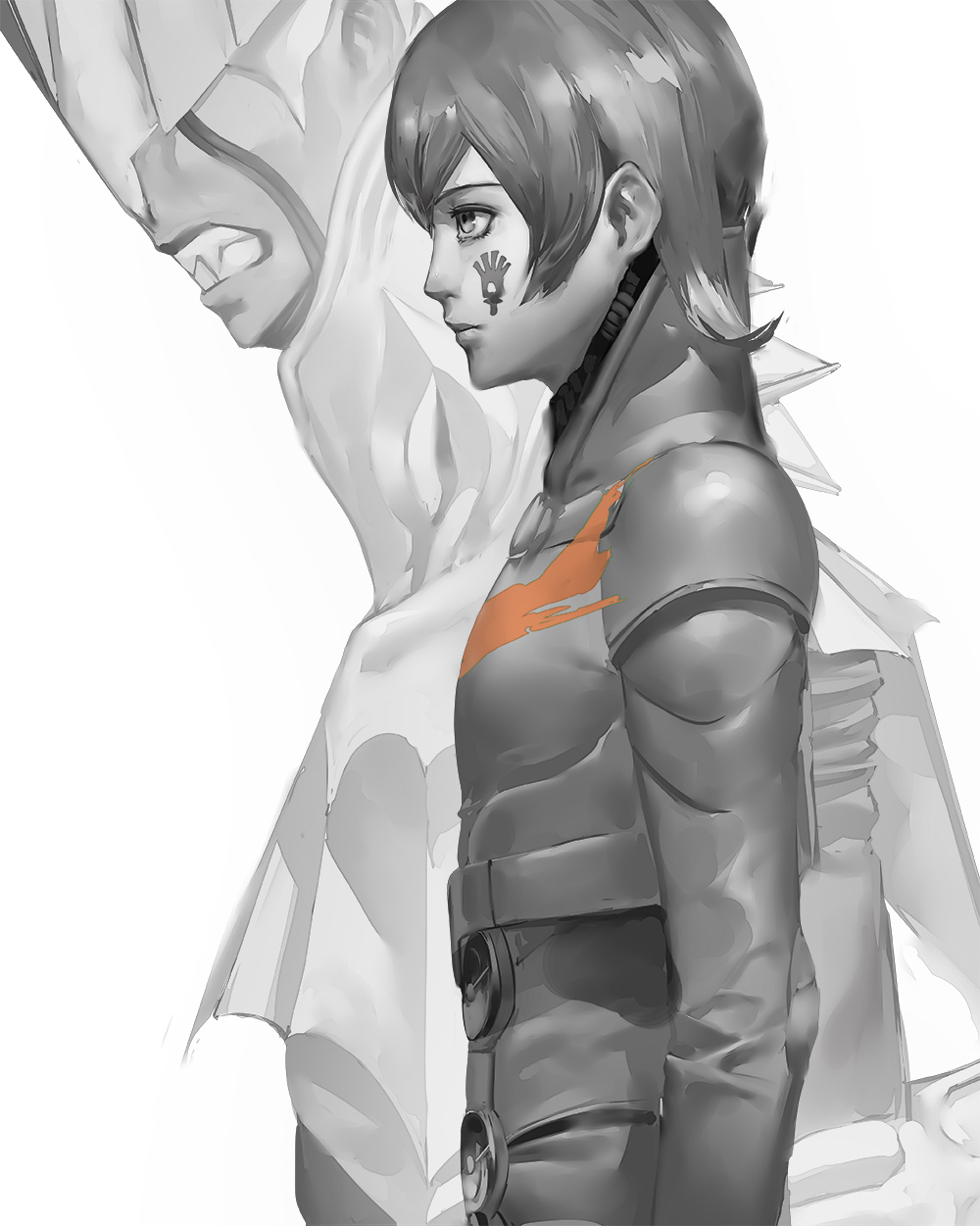 2boys blazpu bodysuit clenched_teeth demon_(megami_tensei) digital_devil_saga dual_persona expressionless facial_mark from_side grey_bodysuit grey_eyes grey_hair greyscale high_collar highres male_focus marking_on_cheek megami_tensei monochrome multiple_boys profile serph sharp_teeth short_hair spot_color teeth upper_body varuna_(digital_devil_saga)
