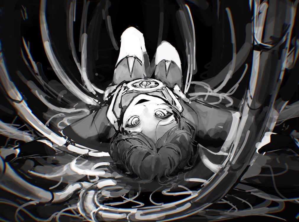 1boy armor black_background black_mouth cable crazy_eyes genshin_impact greyscale hair_pulled_back japanese_armor japanese_clothes juban kimono kingyo_(nyankomanjyuu15) knees_up kote looking_at_viewer lying male_focus mitsudomoe_(shape) monochrome on_back open_clothes open_kimono open_mouth outstretched_arms scaramouche_(genshin_impact) short_sleeves shorts solo spread_arms tomoe_(symbol) wispy_bangs