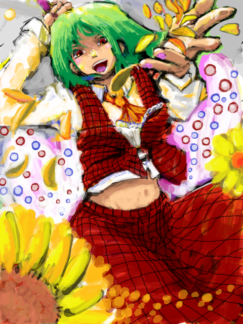 arm_behind_head ascot blush danmaku flower green_hair holding holding_umbrella kazami_yuuka looking_at_viewer midriff open_clothes open_hand open_vest parasol petals pink_nails piswin plaid_clothes plaid_skirt plaid_vest red_eyes red_vest short_hair skirt skirt_set smile sunflower tegaki touhou umbrella vest yellow_ascot yellow_flower