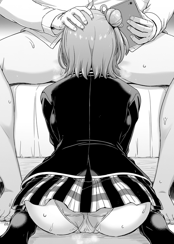 1boy 1girl ass blazer cellphone comiket_99 commentary_request from_behind grabbing_another&#039;s_head greyscale hair_bun hetero holding holding_phone implied_fellatio inanaki_shiki jacket microskirt monochrome paid_reward_available panties phone plaid_clothes plaid_skirt pleated_skirt pussy_juice school_uniform short_hair single_hair_bun single_side_bun sitting skirt smartphone sobu_high_school_uniform solo_focus speech_bubble underwear wariza wet winter_uniform yahari_ore_no_seishun_lovecome_wa_machigatteiru. yuigahama_yui
