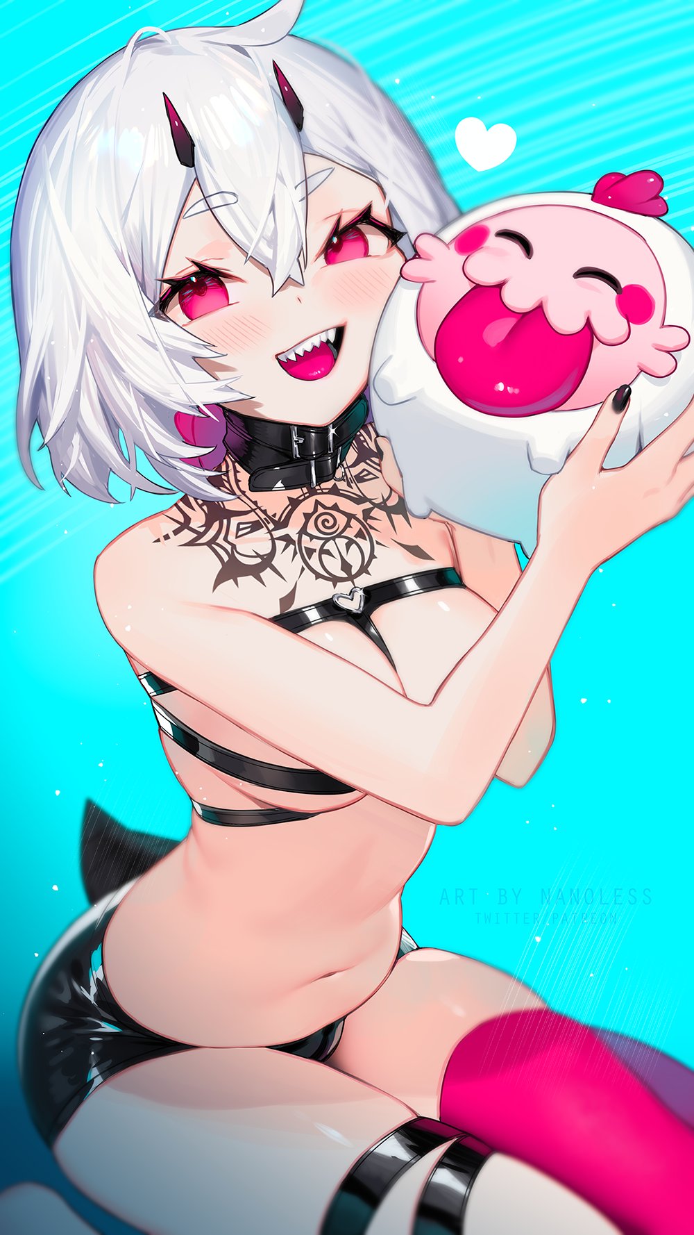 1girl ahoge artist_name asymmetrical_legwear bare_shoulders belt belt_buckle belt_collar black_belt black_nails black_shorts blue_background blush breasts buckle chest_strap collar hair_between_eyes heart highres holding horns indie_virtual_youtuber looking_at_viewer mismatched_legwear nano_(nanoless) nanoless navel open_mouth pink_eyes pink_thighhighs sharp_teeth short_hair shorts simple_background single_thighhigh smile solo stomach tattoo teeth thighhighs thighs virtual_youtuber white_hair