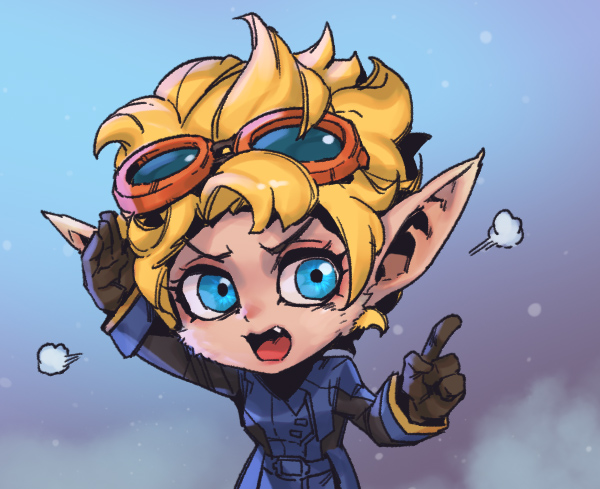 1girl :o arm_up black_jacket blonde_hair blue_jacket brown_gloves fang genderswap genderswap_(mtf) gloves goggles goggles_on_head gradient_background green_eyes hand_up heimerdinger jacket league_of_legends long_sleeves open_mouth phantom_ix_row pointy_ears short_hair solo yordle