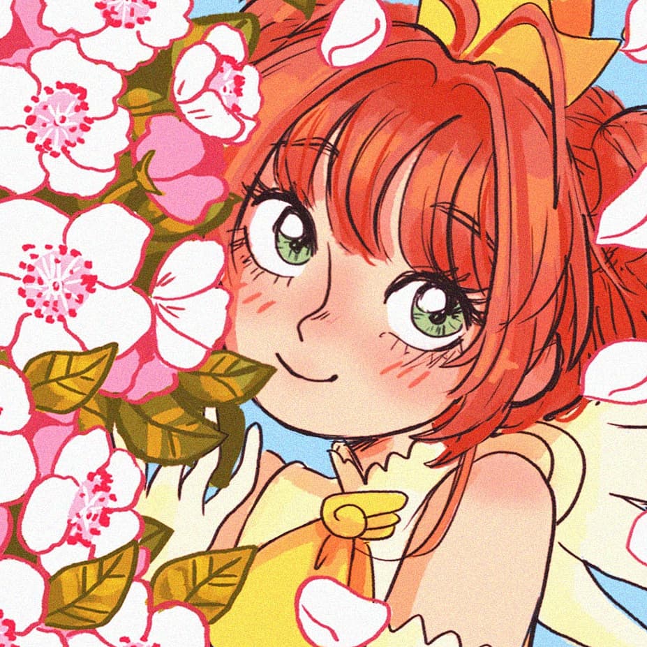1girl alicia_rose blue_sky blunt_bangs blush brown_hair cardcaptor_sakura cherry_blossoms close-up commentary crown dress english_commentary falling_petals gloves green_eyes hair_intakes halterneck kinomoto_sakura kinomoto_sakura_(miraculous_sakura) magical_girl petals sidelocks sky sleeveless smile solo upper_body wings yellow_dress