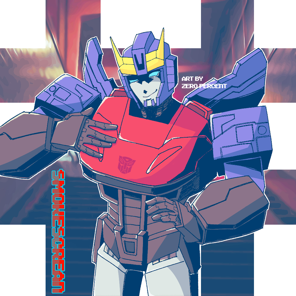1boy armor autobot black_armor blue_eyes blue_wings car character_name commentary cropped_legs datsun english_commentary entrance hand_on_own_chest horns mecha motor_vehicle red_armor robot science_fiction smokescreen_(transformers) stairs the_transformers_(idw) transformers wings yellow_horns zeropercenter