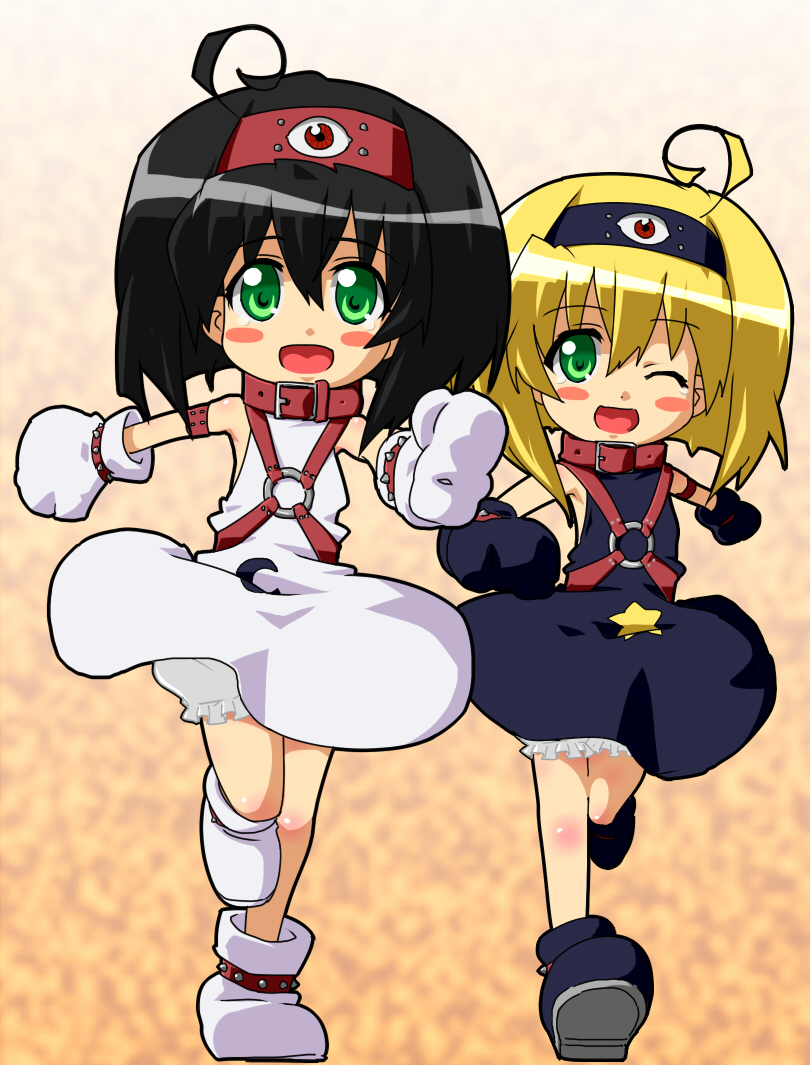 00s 2girls :d ;d ahoge bad_id bad_pixiv_id belt black_gloves black_hair blonde_hair blush blush_stickers choker crescent dai_mahou_touge dress full_body gloves green_eyes hairband happy moon multiple_girls o-ring one_eye_closed open_mouth running shoes short_hair siblings sisters smile star_(symbol) symmetry tanaka_potaru tanaka_pyun tea_(084630000) twins white_gloves wink
