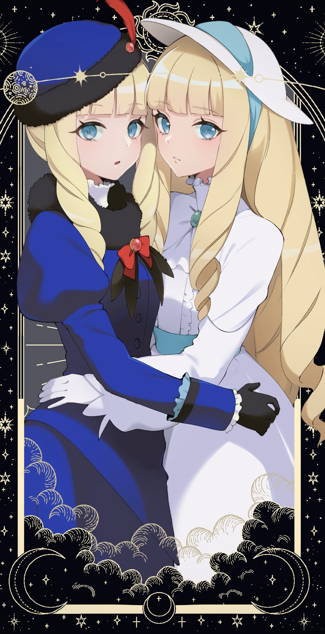 2girls big_hair black_gloves blonde_hair blue_dress blue_eyes blue_headwear blunt_bangs bow campbell_xx center_frills closed_mouth commentary_request dianna_soreil dress drill_hair frills gem gloves green_gemstone gundam hand_on_another&#039;s_waist highres ibispaint_(medium) juliet_sleeves kihel_heim long_hair long_sleeves look-alike looking_at_viewer multiple_girls parted_lips plume puffy_sleeves red_bow red_gemstone star_(symbol) turn_a_gundam white_dress white_gloves white_headwear