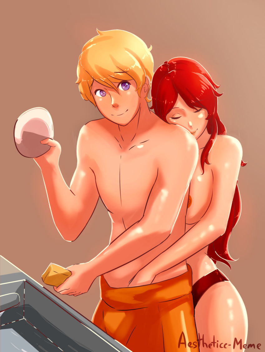 1boy 1girl bikini bikini_bottom_only blonde_hair blue_eyes breasts breasts_against_back closed_eyes dishes imminent_handjob jaune_arc large_breasts nipples plate pyrrha_nikos red_hair rwby shorts sink sponge topless_female