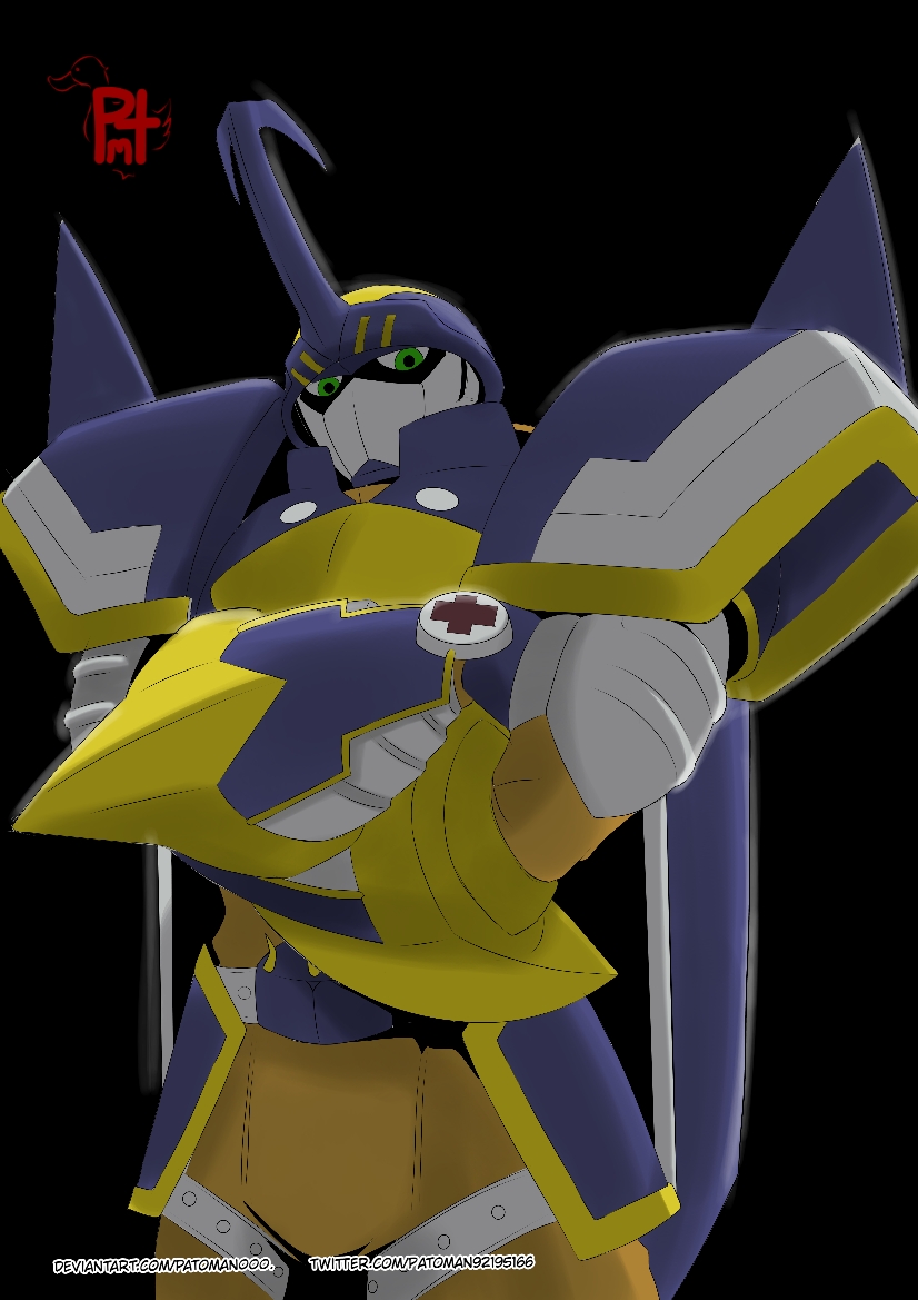 armor blitzmon digimon digimon_(creature) digimon_frontier green_eyes horns mask muscular muscular_male patoman000
