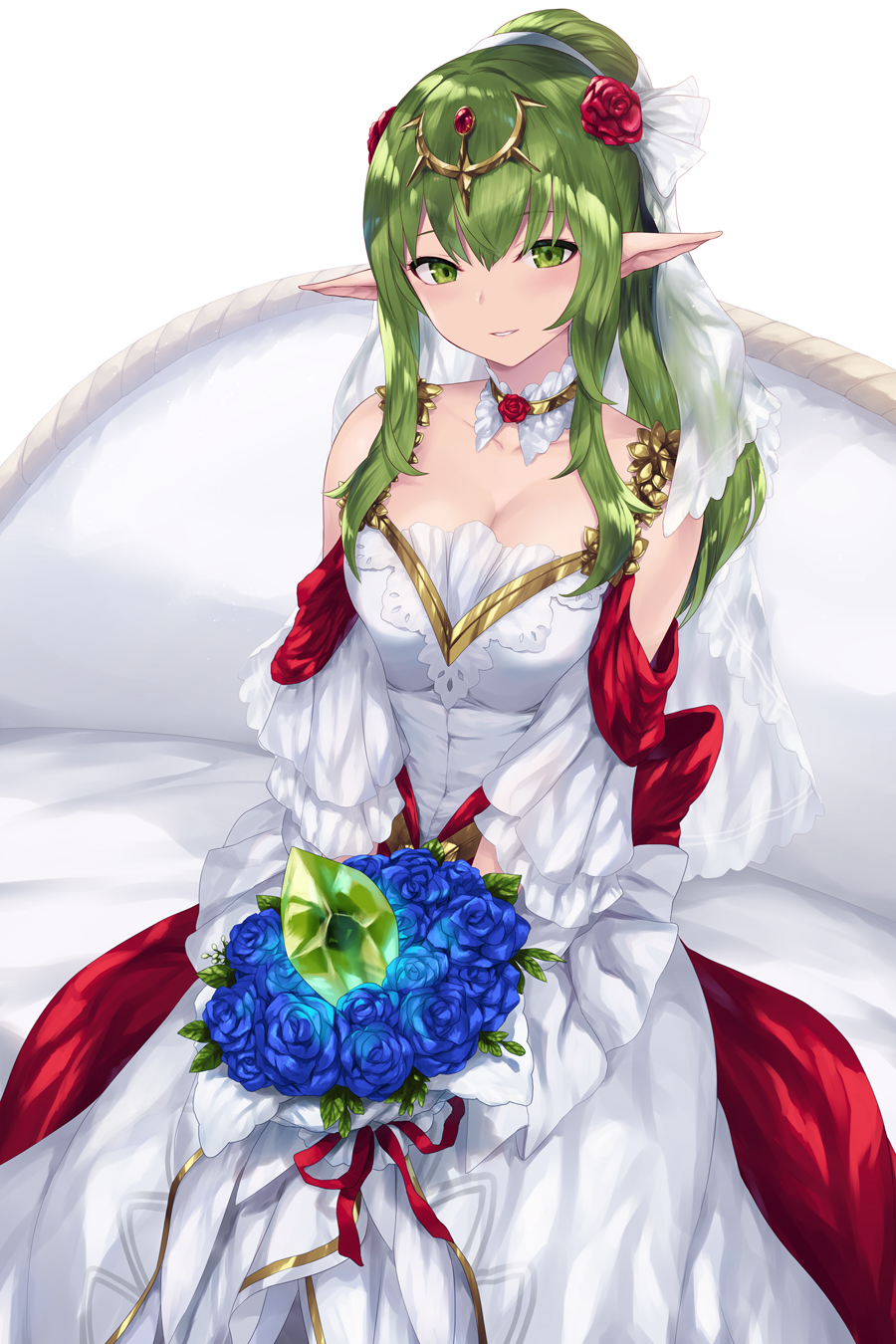 1girl bare_shoulders blue_flower blue_rose bouquet breasts cait_aron cleavage commentary detached_sleeves dress fire_emblem fire_emblem_awakening fire_emblem_heroes flower gem green_eyes green_gemstone green_hair hair_between_eyes hair_flower hair_ornament headpiece highres holding holding_bouquet large_breasts long_hair long_sleeves looking_at_viewer nintendo official_alternate_costume parted_lips pointy_ears ponytail red_flower red_rose rose simple_background sitting sleeveless sleeveless_dress smile solo tiki_(adult)_(bridal)_(fire_emblem) tiki_(adult)_(fire_emblem) tiki_(fire_emblem) wedding_dress white_background white_dress white_sleeves