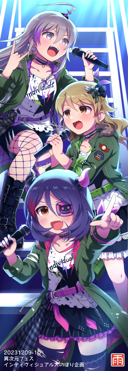3girls \m/ black_boots boots brown_eyes choker ear_piercing eyepatch fake_horns fishnets grey_hair hair_ornament hayasaka_mirei highres holding holding_microphone horns hoshi_syoko idolmaster idolmaster_cinderella_girls individuals_(idolmaster) jacket microphone morikubo_nono multiple_girls music official_alternate_costume open_clothes open_jacket piercing pointing singing skirt thighhighs udon_(memai_no_kabe)