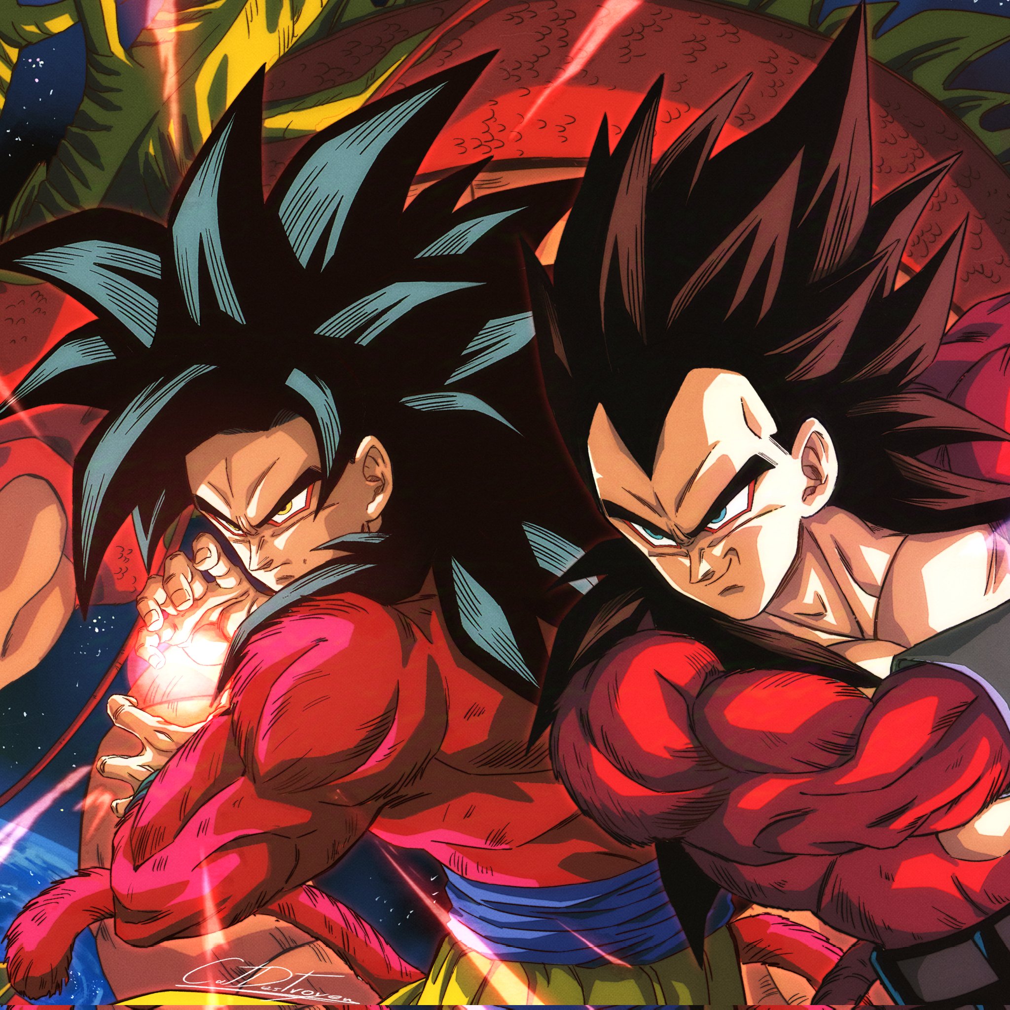 2boys biceps black_hair blue_sash body_fur catdestroyer close-up dougi dragon_ball dragon_ball_gt energy_ball galick_gun green_eyes highres incoming_attack kamehameha_(dragon_ball) long_hair male_focus monkey_boy monkey_tail multiple_boys muscular muscular_male no_nipples open_mouth pants pectorals powering_up red_fur saiyan sash smile smirk son_goku spiked_hair super_saiyan super_saiyan_4 tail teeth ultimate_shenron vegeta wristband yellow_pants