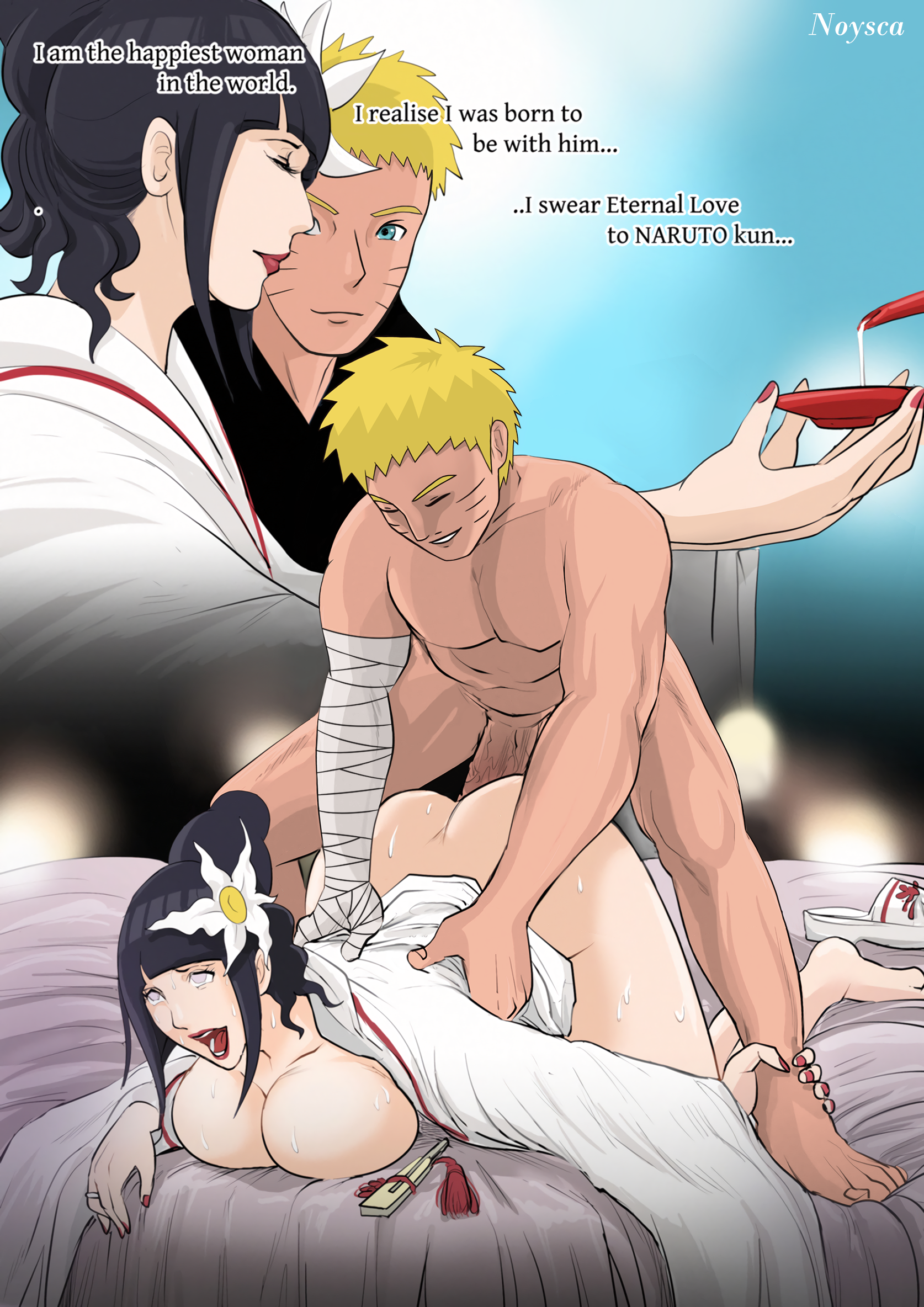 noysca, hyuuga hinata, uzumaki naruto, boruto: naruto next generations,  naruto (classic), naruto (series), highres, third-party edit, 1boy, 1girl,  abs, alcohol, ass, bandaged arm, bandages, bed, bed sheet, blonde hair,  blue eyes, blue