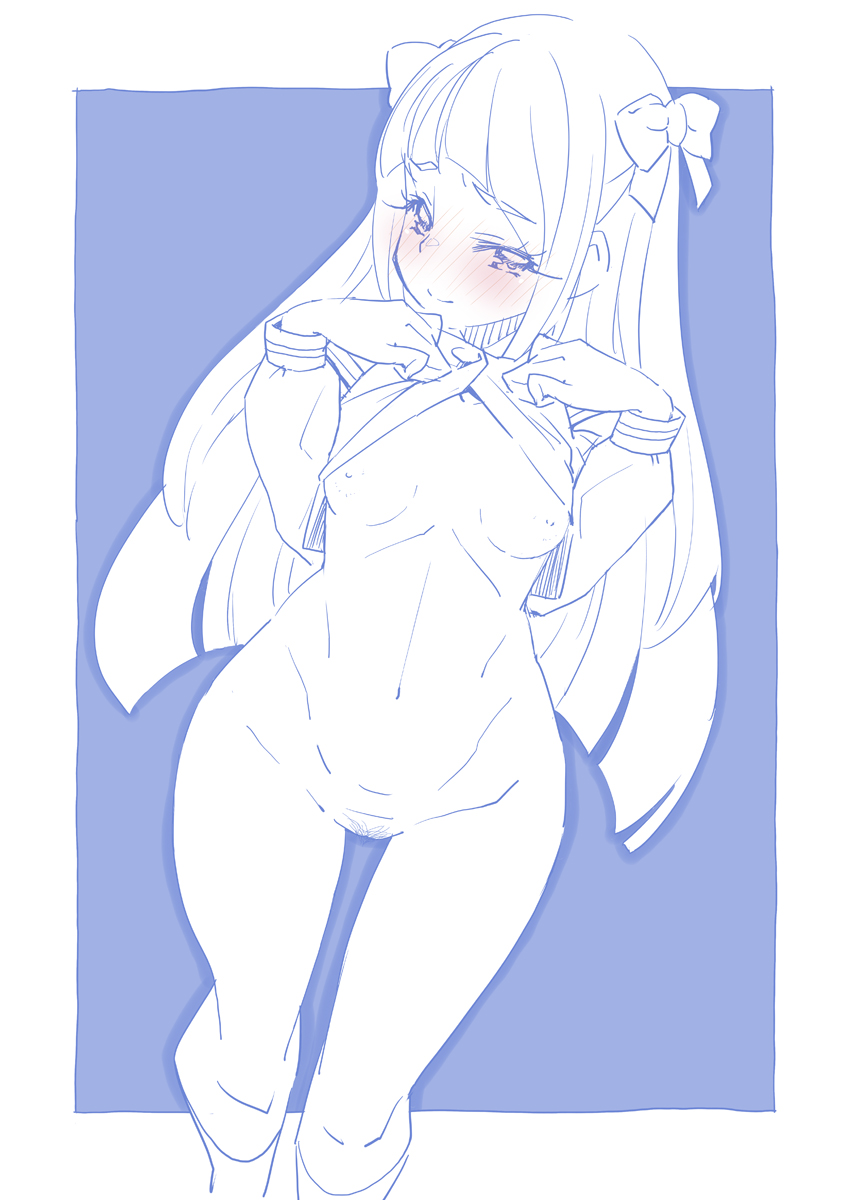 1girl blouse blue_theme blush bottomless bow breasts closed_mouth clothes_lift commentary female_pubic_hair groin hair_bow half-closed_eyes highres kaguya_madoka kneehighs lifting_own_clothes long_hair long_sleeves looking_at_viewer mihoshi_middle_school_uniform miyagoe_yoshitsuki monochrome navel nipples precure pubic_hair pussy school_uniform shirt shirt_lift small_breasts smile socks solo standing star_twinkle_precure