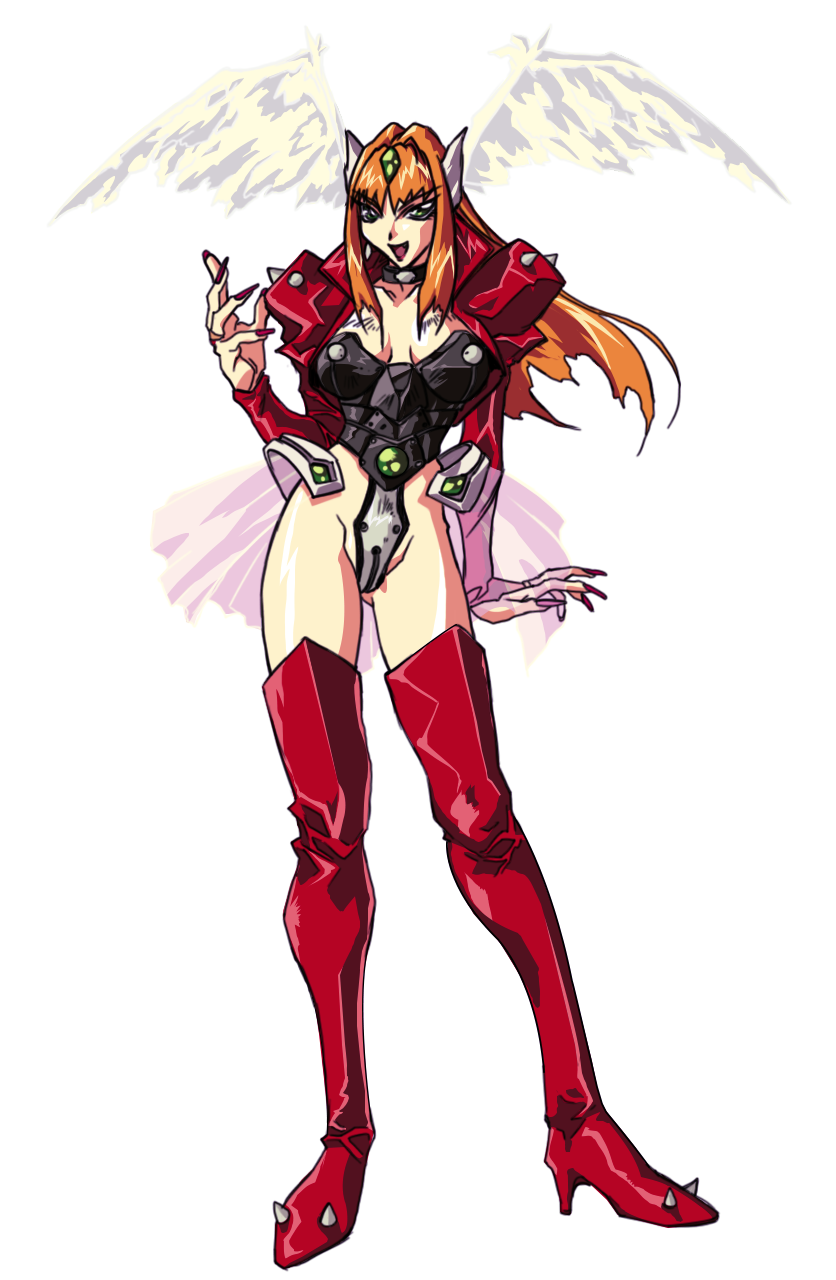 1990s_(style) 1girl blonde_hair boots breasts choujin_gakuen_gowcaizer cleavage feathered_wings feathers highres jacket necrocaizer oobari_masami orb retro_artstyle simple_background wings