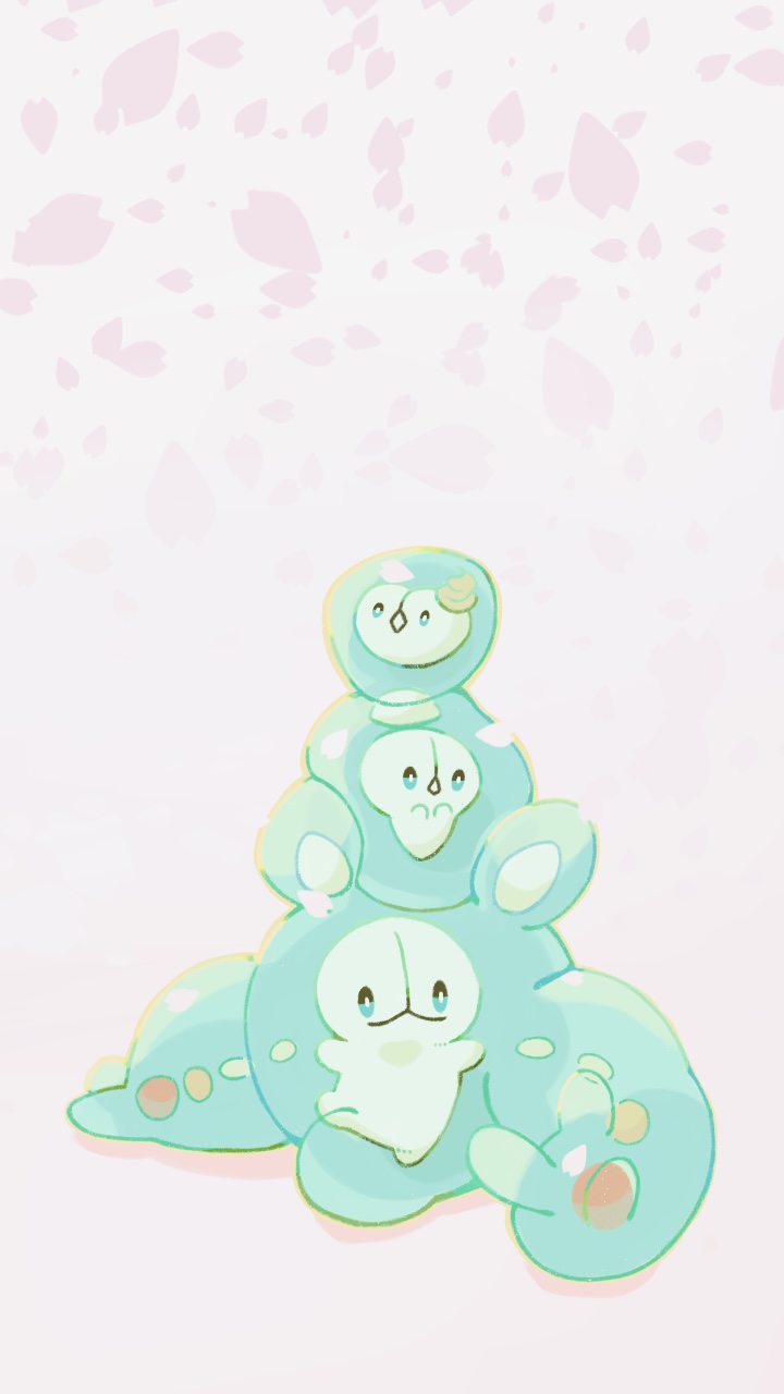 :o aqua_eyes closed_mouth commentary_request duosion falling_petals gen_5_pokemon harumomo_(@harumomo123456) highres looking_to_the_side nintendo no_humans petals pokemon pokemon_(creature) reuniclus smile solosis white_background