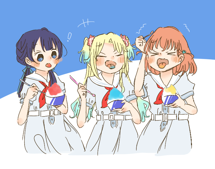 ! &gt;_&lt; +++ 3girls blonde_hair blue_background blue_dress blue_eyes blue_hair blue_ribbon blush bowl brain_freeze colored_tongue commentary_request crossed_bangs dark_blue_hair dress eating fang flower food gradient_hair hair_flower hair_ornament hair_ribbon hand_on_own_head hasu_no_sora_school_uniform hinoshita_kaho holding holding_bowl holding_spoon kase_(ks_lys) light_blue_hair link!_like!_love_live! long_hair love_live! low_twintails medium_hair mole mole_on_neck multicolored_hair multiple_girls murano_sayaka neckerchief orange_hair osawa_rurino parted_bangs pink_flower pleated_dress puffy_short_sleeves puffy_sleeves rabbit_hair_ornament red_neckerchief ribbon sailor_collar sailor_dress school_uniform shaved_ice short_sleeves spoon summer_uniform tongue tongue_out twintails two-tone_background two_side_up virtual_youtuber white_background white_sailor_collar