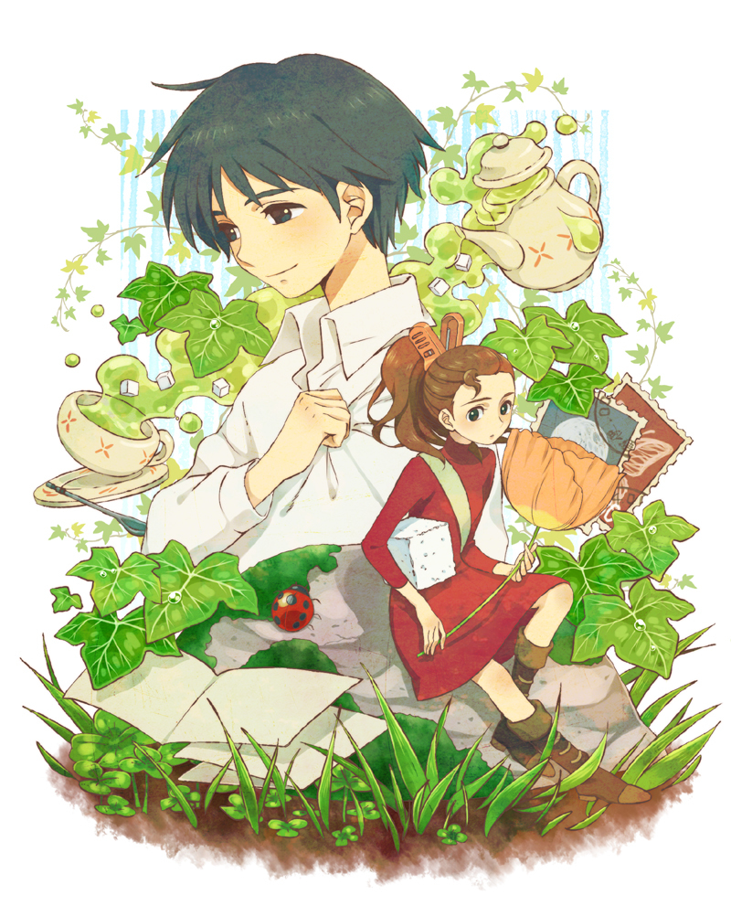 10s 1boy 1girl ar_(rikuesuto) arrietty black_hair brown_hair bug insect ivy karigurashi_no_arrietty ladybug leaf mini_person minigirl shou_(karigurashi_no_arrietty) studio_ghibli sugar_cube tea