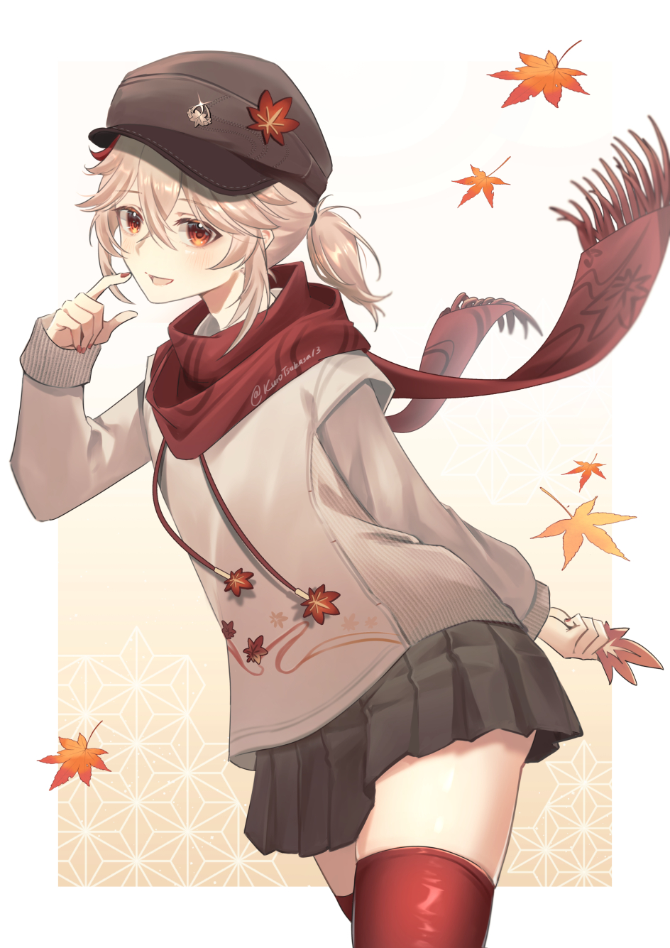 1girl autumn_leaves black_hat black_skirt blush commentary genderswap genderswap_(mtf) genshin_impact grey_hair grey_hoodie hair_between_eyes hat highres holding holding_leaf hood hoodie kaedehara_kazuha kuro_tsubasa leaf long_sleeves looking_at_viewer multicolored_hair open_mouth pleated_skirt ponytail red_eyes red_hair red_nails red_thighhighs scarf simple_background skirt streaked_hair symbol-only_commentary thighhighs twitter_username