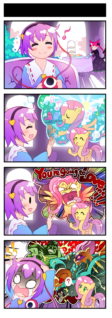 2girls 4koma ? ^^^ anger_vein animal_ears bird blue_eyes bow braid bruce_banner cat_ears cat_tail chair closed_eyes comic crossover english_text eyeball fluttershy green_hair hair_bow hairband heart hulk kaenbyou_rin komeiji_satori marvel multiple_girls musical_note my_little_pony my_little_pony:_friendship_is_magic pegasus pink_hair purple_hair rabbit red_hair sitting smile spoken_question_mark squirrel sweatdrop tail tears third_eye tiered_serving_stand touhou twin_braids waving wings wolverine_(x-men) x-men xin_yu_hua_yin zxyon2008