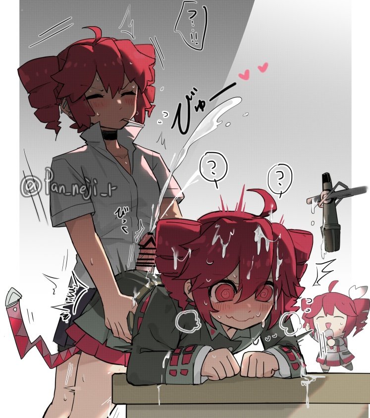 1futa 2girls bent_over censored choker clothed_sex cum doggystyle drill_hair ejaculation erection futa_with_female futanari grey_jacket jacket kasane_teto kasane_teto_(voicepeak) medium_penis multiple_girls nejikyuu penis red_eyes red_hair selfcest sex sex_from_behind skirt twintails utau voicepeak yuri