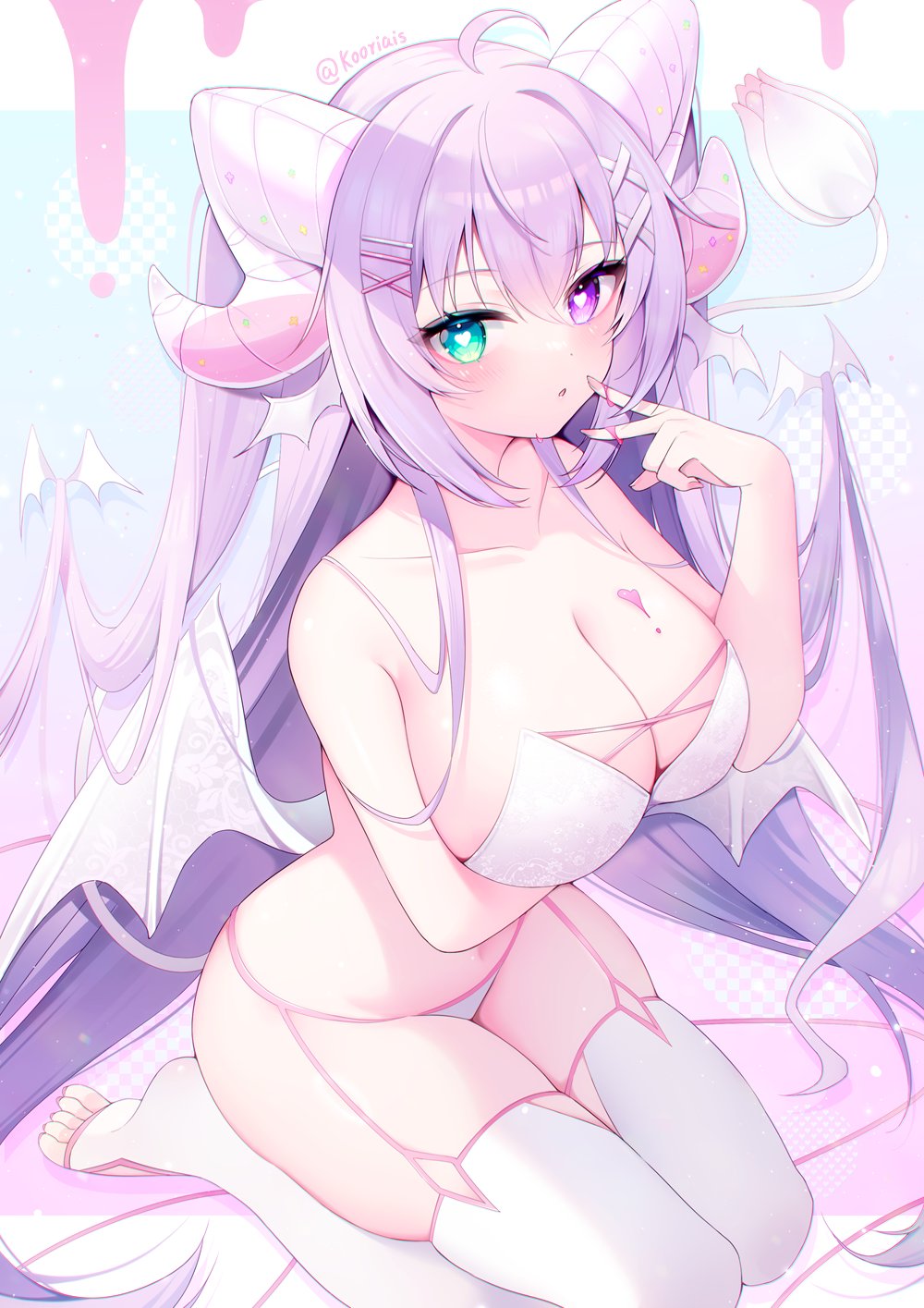 1girl ahoge arm_under_breasts blush bra breasts cleavage dripping green_eyes heart heart-shaped_pupils heterochromia highres horns kneeling kooriais long_hair low_wings original panties purple_eyes purple_hair solo stirrup_legwear strapless strapless_bra symbol-shaped_pupils tail thighhighs toeless_legwear toes twitter_username underwear white_bra white_panties white_thighhighs white_wings wings