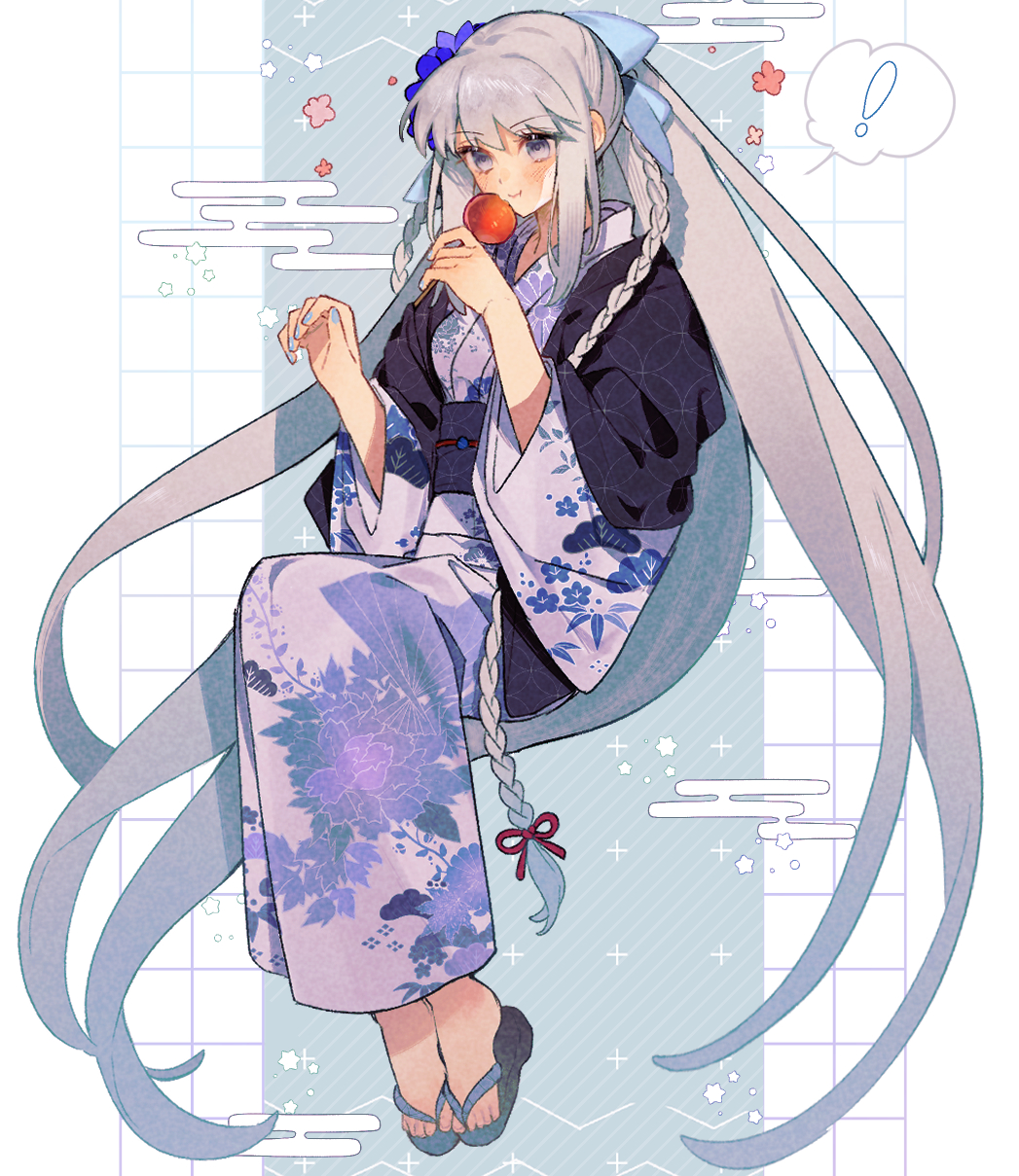 ! 1girl :t absurdly_long_hair alternate_costume blue_background blue_bow blue_flower blue_nails bow braid candy_apple eating egasumi fate/grand_order fate_(series) floral_print flower food full_body grey_eyes grey_hair grid_background hair_bow hair_flower hair_ornament hair_ribbon highres holding holding_food invisible_chair japanese_clothes kimono legs_together long_hair long_sleeves looking_at_food morgan_le_fay_(fate) morgan_le_fay_(fgo_fes._2023)_(fate) multicolored_background obi obidome pink_flower ponytail print_kimono purple_kimono red_ribbon ribbon sandals sash simple_background sitting solo spoken_exclamation_mark uxco0 very_long_hair white_background wide_sleeves yukata zouri