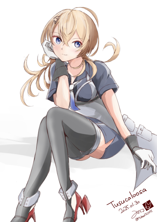 1girl ahoge black_boots blonde_hair blue_eyes blue_necktie blue_shirt boots character_name commentary dated gloves high_heel_boots high_heels kantai_collection long_hair looking_at_viewer medium_hair michaelsch55 necktie shirt signature simple_background sitting smile solo thigh_boots tuscaloosa_(kancolle) twitter_username two-tone_gloves white_background white_gloves