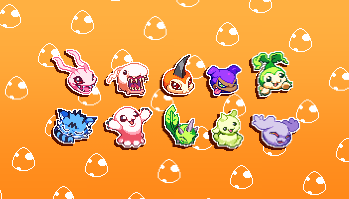 :3 body_fur budmon colored_sclera colored_skin commentary digimon digimon_(creature) digitama egg english_commentary green_skin gummymon horns koromon mochimon orange_background orange_fur orange_sclera pagumon pink_skin pixel_art red_eyes sharp_teeth single_horn sleeping tanemon teeth ticosanchezz tokomon tunomon wanyamon yarmon
