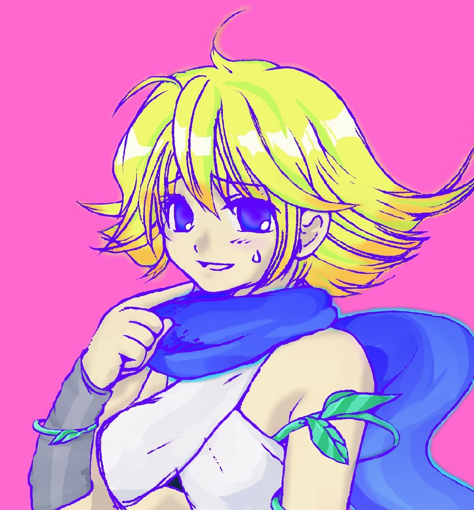 1girl ahoge alternate_eye_color arm_vines blonde_hair blue_eyes blue_outline blue_scarf breasts flipped_hair index_finger_raised kid_icarus kid_icarus_uprising light_blush medium_breasts nintendo open_mouth outline phosphora pink_background plant pointing pointing_at_self retro_artstyle scarf short_hair simple_background single_bare_shoulder smile solo sweatdrop vines
