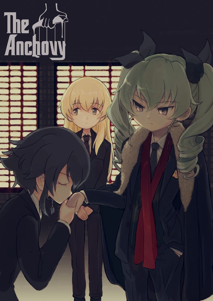 10s 3girls anchovy_(girls_und_panzer) black_hair window_blinds blonde_hair braid brown_eyes carpaccio_(girls_und_panzer) closed_eyes commentary_request formal_clothes girls_und_panzer green_eyes green_hair hand_grab hand_in_pocket jacket jacket_on_shoulders kiss kissing_hand leaning_forward long_hair looking_to_the_side movie_poster multiple_girls necktie pant_suit pants parody pepperoni_(girls_und_panzer) saiguchi_otoufu scarf short_hair sidelocks stole suit the_godfather title_parody