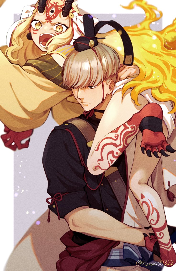 1girl barefoot black_eyes black_hat black_horns blonde_hair carrying carrying_person closed_mouth commentary_request facial_tattoo fate/grand_order fate_(series) grey_hair hat horns ibaraki_douji_(fate) japanese_clothes kimono long_hair looking_at_viewer oni open_mouth short_hair solo soraao0322 tattoo teeth twitter_username watanabe_no_tsuna_(fate) wide_sleeves yellow_eyes yellow_kimono