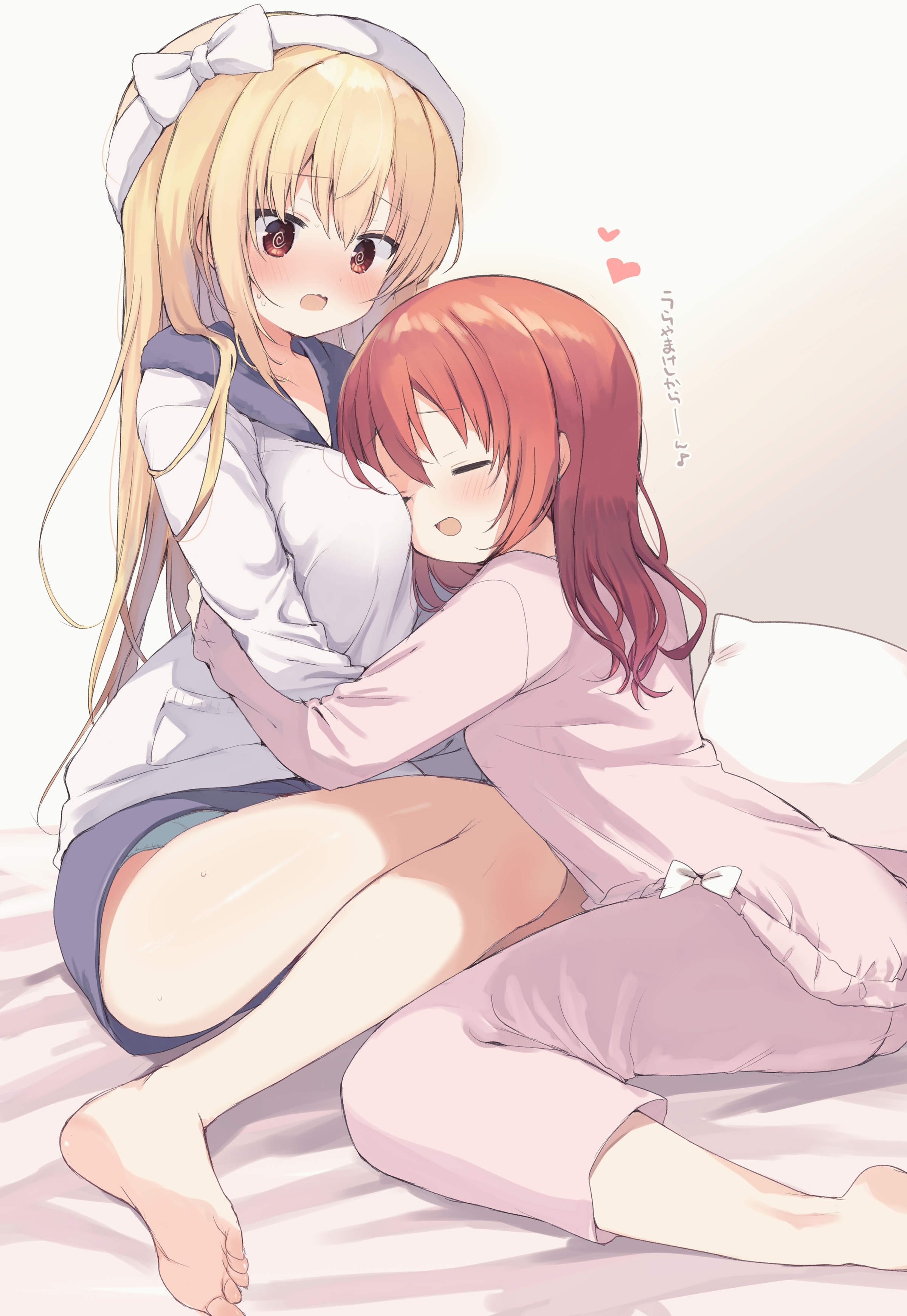 2girls :d @_@ absurdres arihara_nanami arm_around_waist barefoot between_breasts black_shorts blonde_hair blue_panties blush bow breasts closed_eyes commentary embarrassed face_to_breasts hair_between_eyes hair_bow hair_down hairband happy heart highres hug indoors large_breasts leaning_forward long_hair long_sleeves looking_at_another mibu_chisaki multiple_girls musical_note on_bed open_mouth pajamas panties panty_peek pink_pajamas red_eyes red_hair riddle_joker shorts sitting smile soles sweatdrop takepoison thighs toes translated underwear very_long_hair wariza wavy_mouth white_bow white_hairband