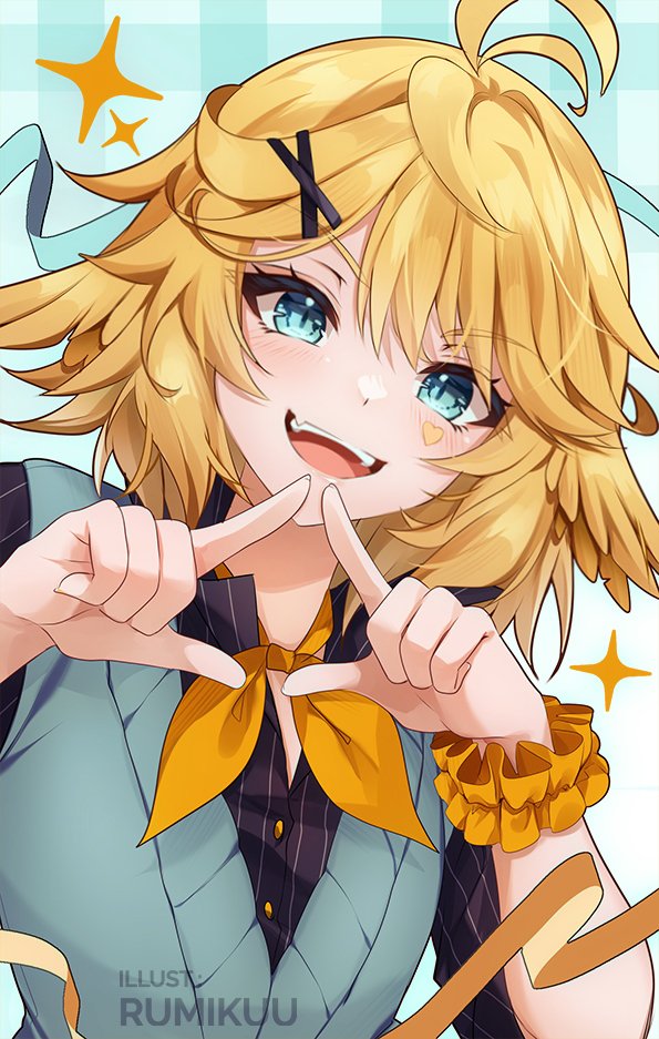 1girl ahoge alternate_costume aqua_eyes aqua_vest artist_name black_shirt dokibird_(vtuber) dokibird_(vtuber)_(bounty_hunter) fang hair_ornament hairclip indie_virtual_youtuber k-rumi looking_at_viewer medium_hair neckerchief open_mouth orange_neckerchief shirt skin_fang smile solo virtual_youtuber