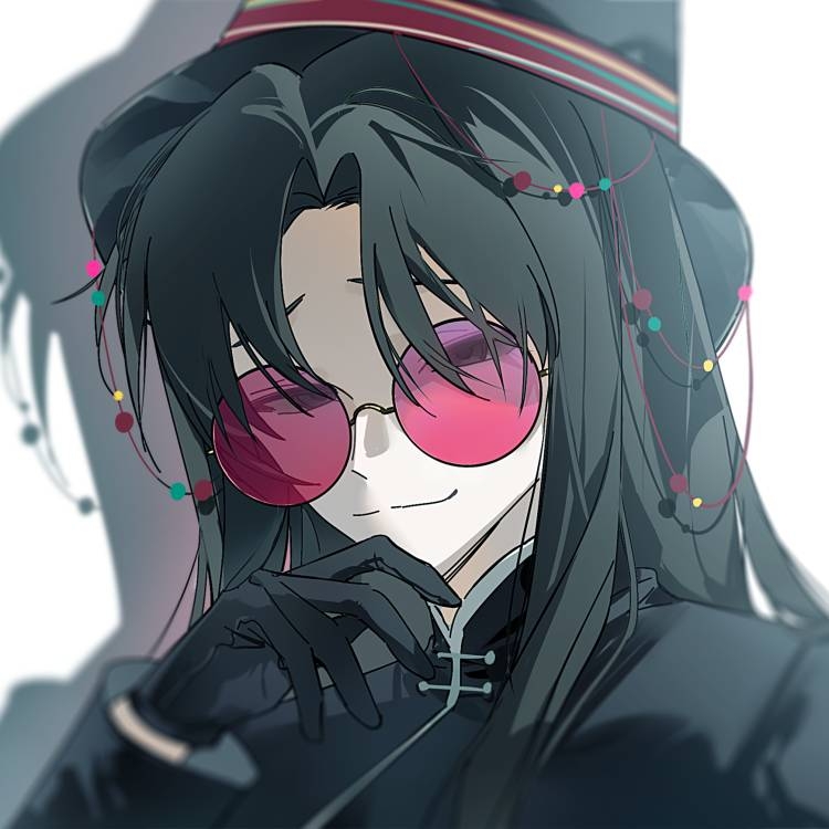 1boy artist_request beads black_eyes black_gloves black_hair black_hat black_shirt closed_mouth commission curtained_hair gloves hand_up hat huai_yunqing long_hair long_sleeves male_focus parted_bangs pink-tinted_eyewear portrait round_eyewear second-party_source shirt smile solo tinted_eyewear touqi_guaitan white_background