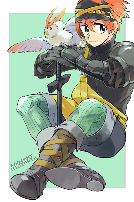 1boy animal animal_on_shoulder armor bird bird_on_shoulder black_pants blue_eyes border brown_hair closed_mouth english_text fon-due_(fonfon) gauntlets green_pants grey_footwear hair_between_eyes kiel male_focus pants radiant_historia short_hair solo sword weapon white_border