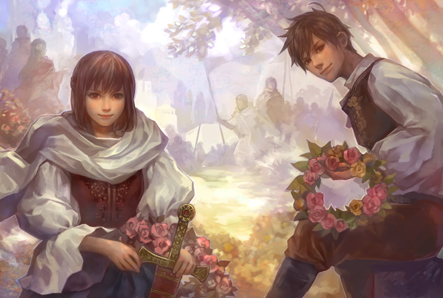 1boy 1girl axis_powers_hetalia brown_eyes brown_hair cape czech_republic_(hetalia) flower lotus_(elico) short_hair slovakia_(hetalia) smile sword weapon