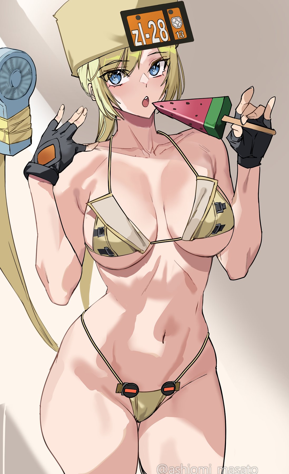 1girl ashiomi_masato bare_shoulders bikini blonde_hair blue_eyes breasts cleavage collarbone fingerless_gloves food fur_hat gloves groin guilty_gear guilty_gear_strive handheld_electric_fan hat highres long_hair looking_at_viewer medium_breasts millia_rage navel popsicle prehensile_hair solo swimsuit thighs ushanka very_long_hair watermelon_bar yellow_bikini