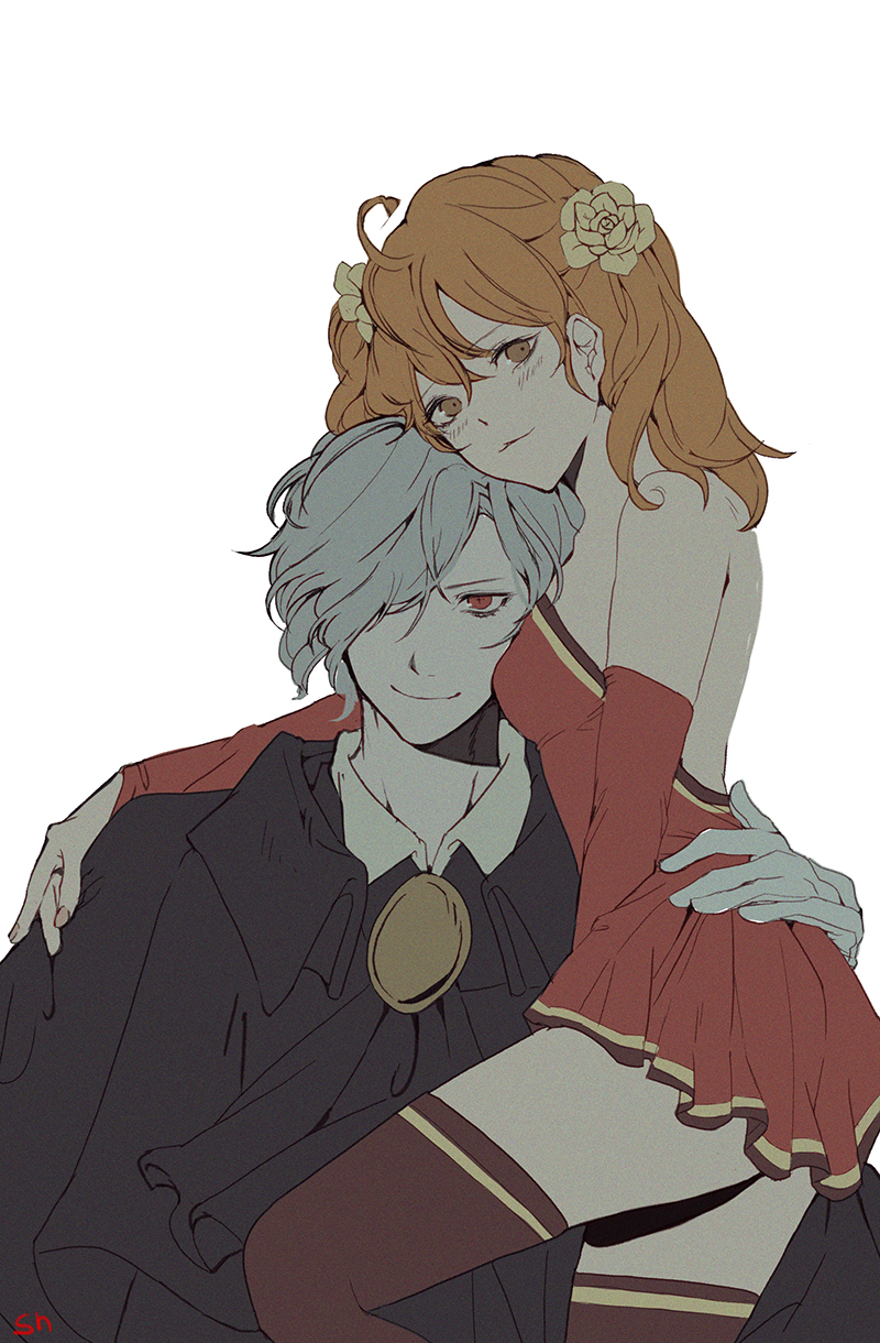 1boy 1girl alternate_costume backless_dress backless_outfit bad_id bad_pixiv_id bare_shoulders blush brown_eyes brown_hair brown_thighhighs closed_mouth couple detached_sleeves dress edmond_dantes_(fate) fate/grand_order fate_(series) flower fujimaru_ritsuka_(female) hair_between_eyes hair_flower hair_ornament hair_over_one_eye hetero highres hug long_hair looking_at_viewer neck pleated_dress red_detached_sleeves red_dress red_eyes shino_(mufn5785) short_dress short_hair silver_hair simple_background smile strapless strapless_dress striped_clothes striped_dress thighhighs type-moon white_background yellow_flower